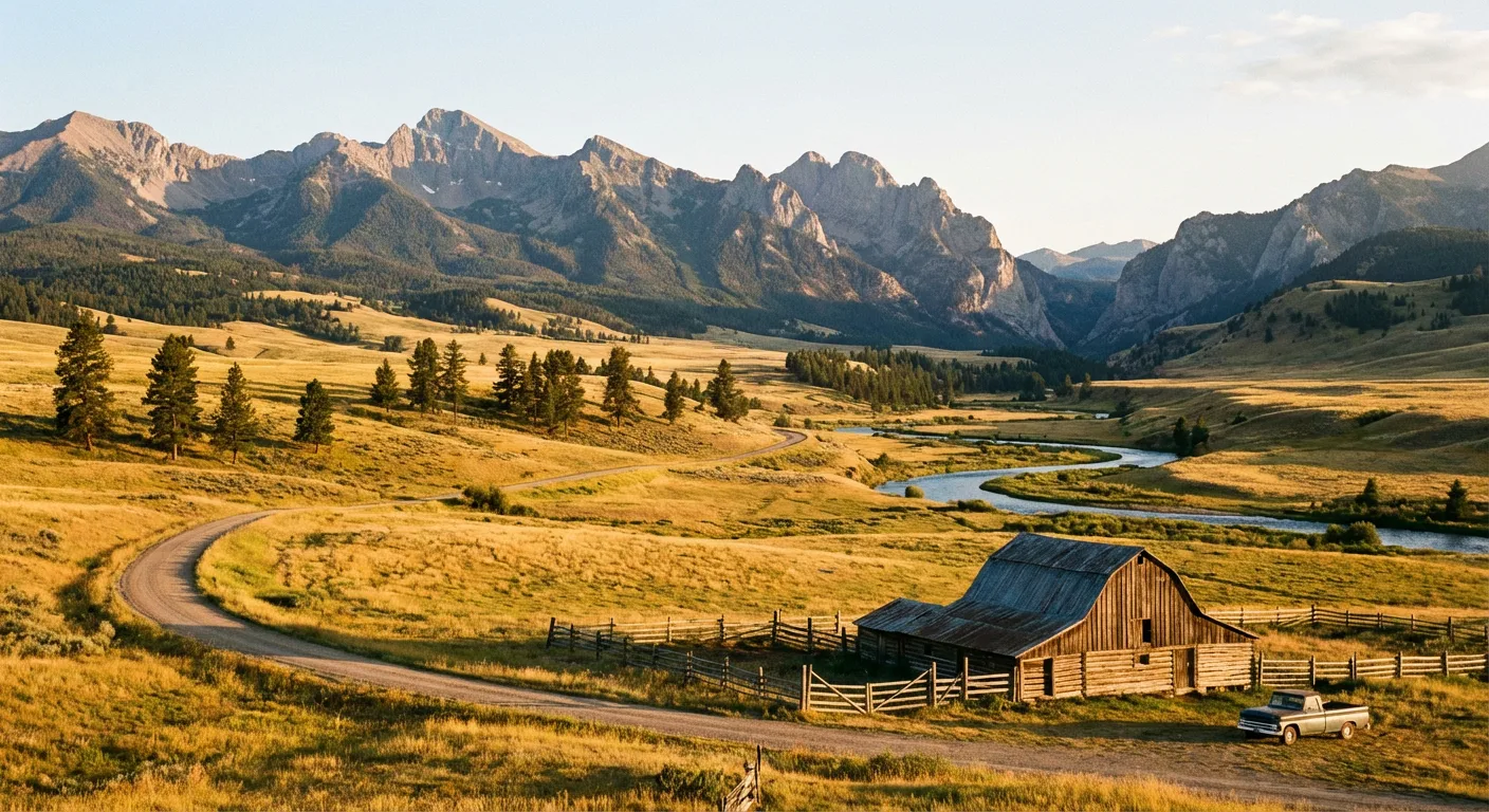 Wide valley with farmland and mountain backdrop