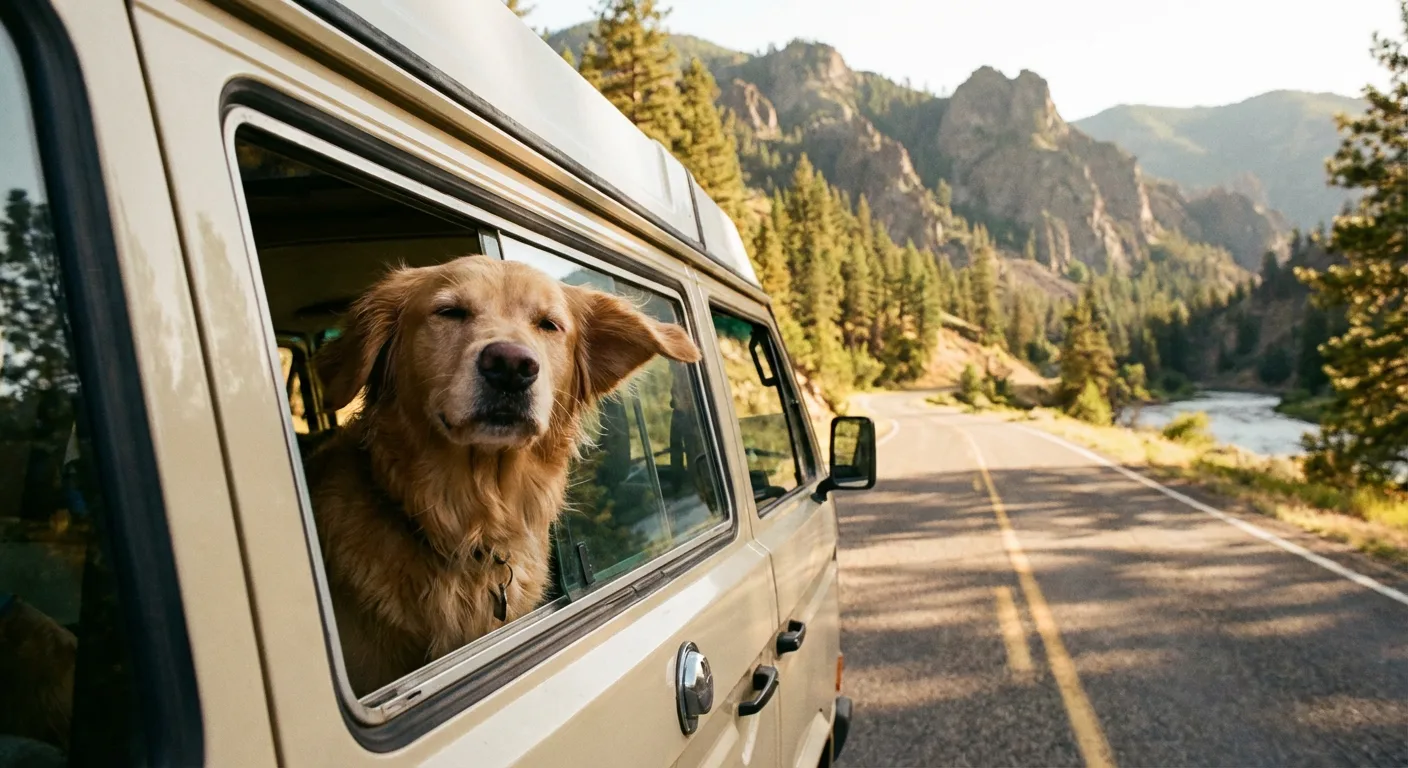 Happy dog enjoying travel adventure with family