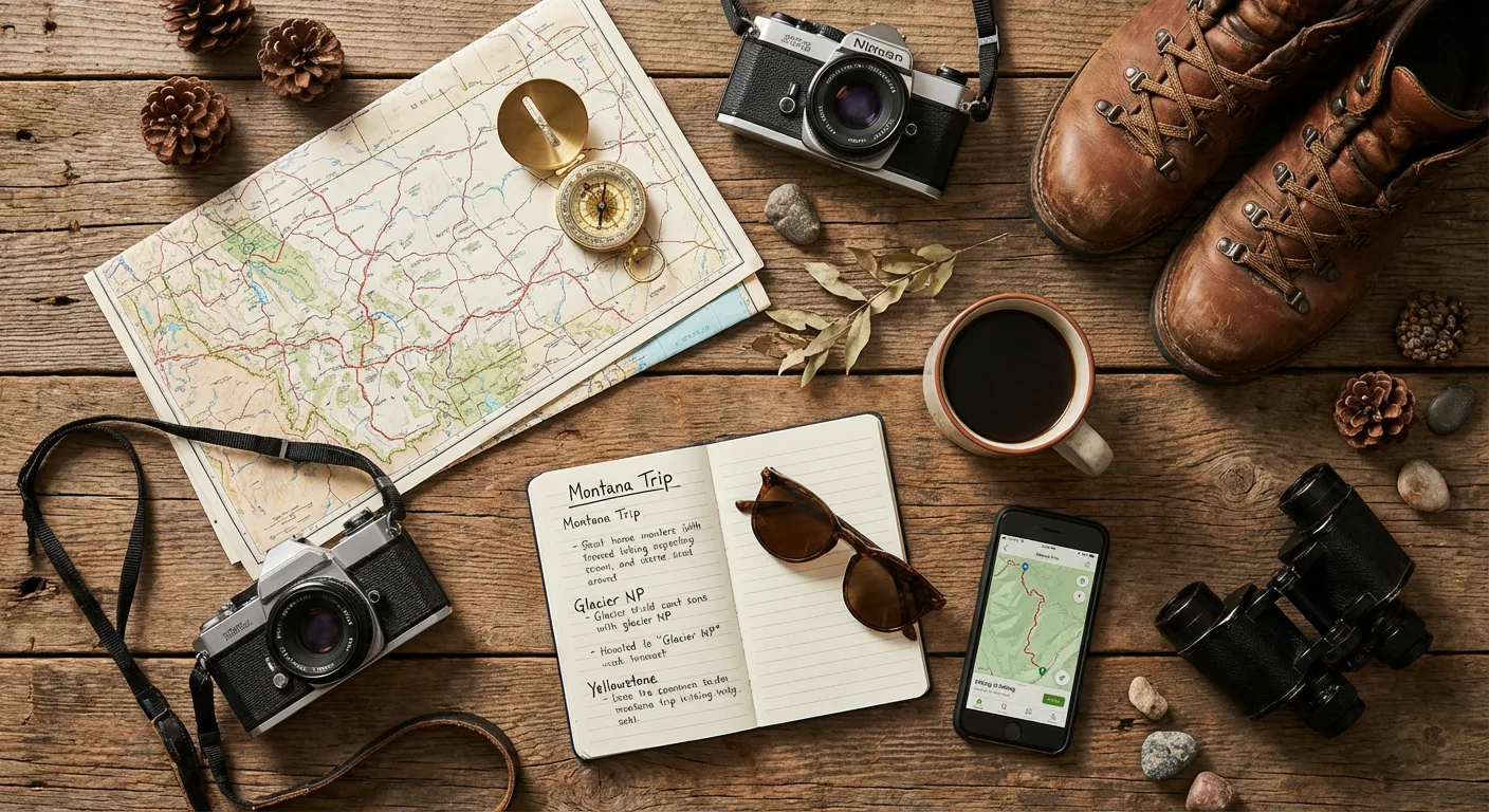 Trip planning essentials laid out on a table with map, camera, and gear
